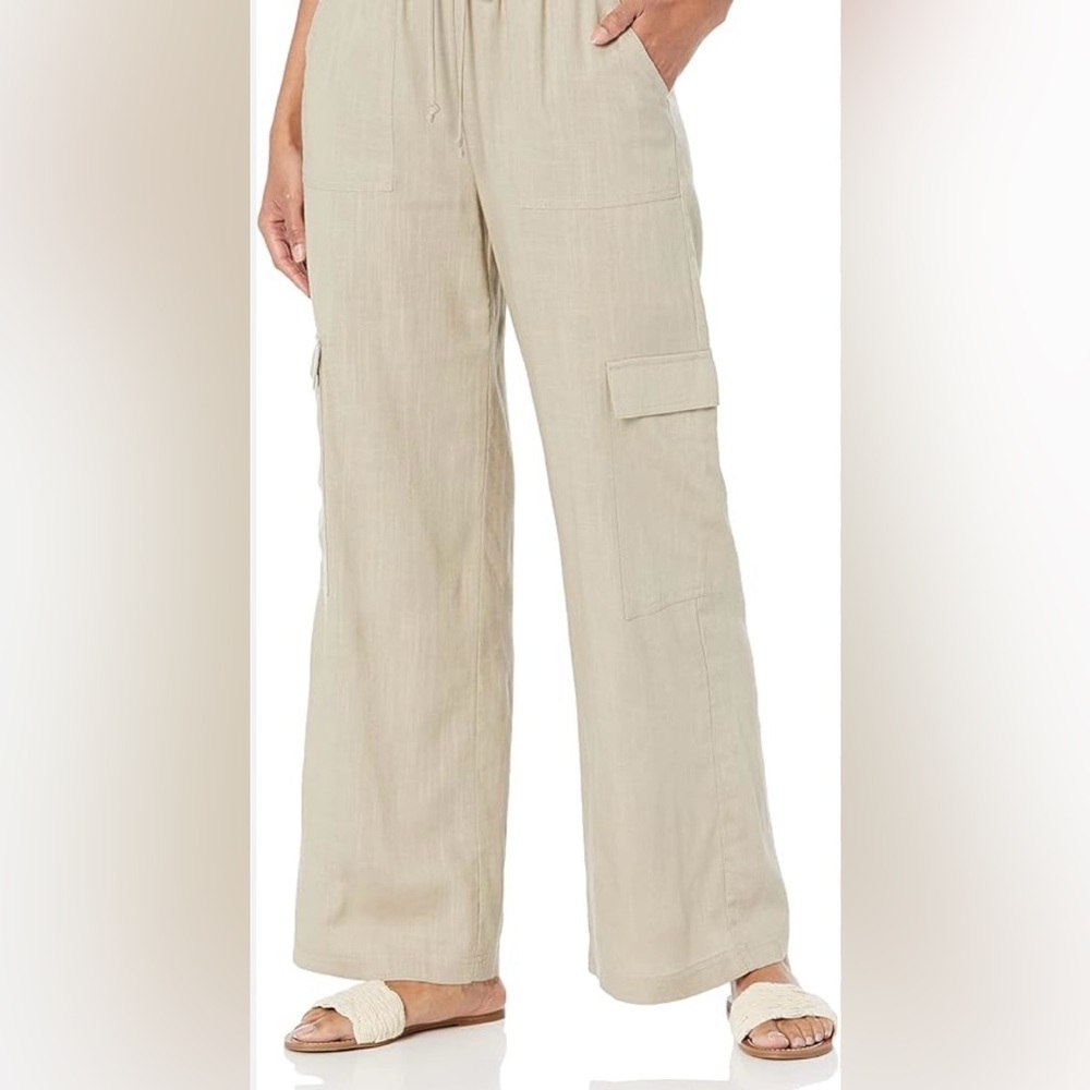 NEW LINEN CARGO PANTS -SINCERELY JULES Wide Leg Khaki Beige Cream Women's‎ Large